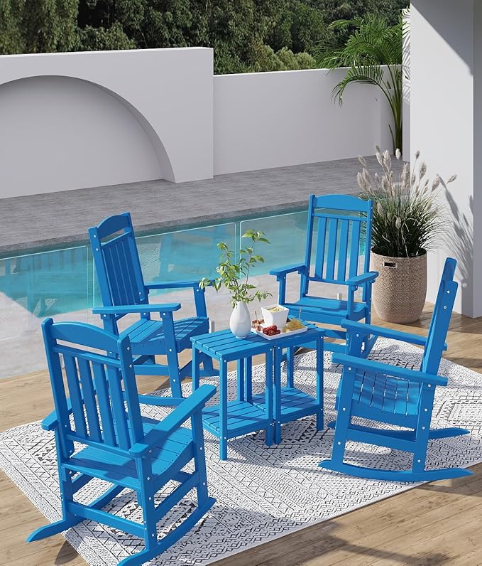 FOOWIN Outdoor Rocking Chair, High Back Patio Rocking Chair, HDPE All Weather Resistant Porch Rocker for Adult, Oversized Rocking Chairs for Garden, Lawn, Indoor & Outdoor Use, Pacific Blue