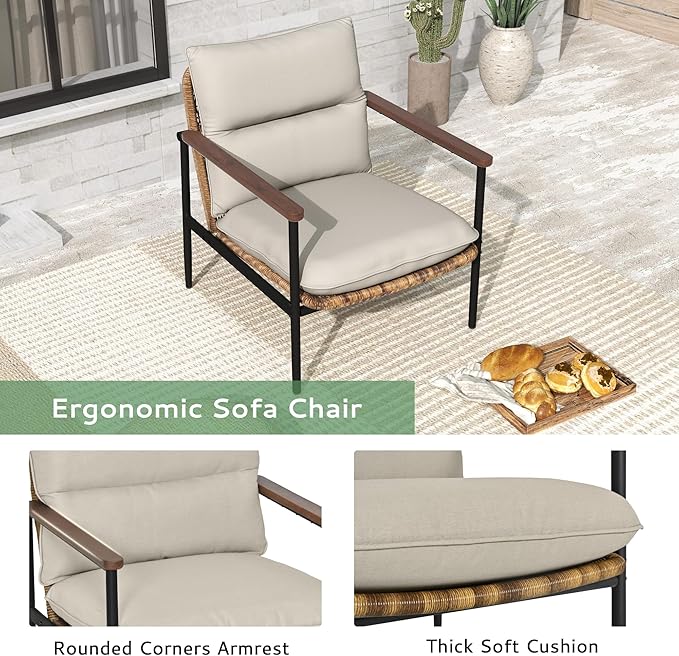 4-Piece Patio Furniture Sets, All Weather Rattan Patio Conversation Set with Aluminum Frame, Loveseat, 2 Chairs and Coffee Table, Smooth Wooden Armrest & Olefin Cushion for Yard Deck Porch