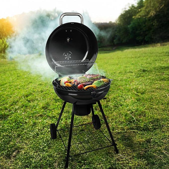 Grill Boss Charcoal Kettle Grill with Large 22-Inch Cooking Area - Includes Warming Rack, Bottom Storage Shelf, Ash Catcher & Wheels for Outdoor BBQ, Tailgating, Camping & Backyard Grilling