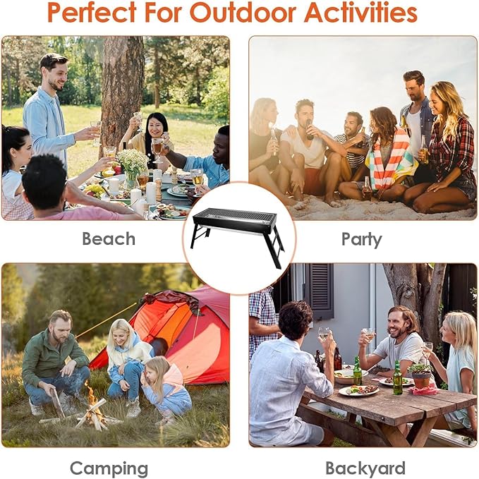 Portable Charcoal Grill, Portable Tabletop BBQ for Outdoor Cooking | Compact Folding Grill for Camping, Hiking, Picnics & Travel | 24”x13”x9” Lightweight Smoky Flavor Grill