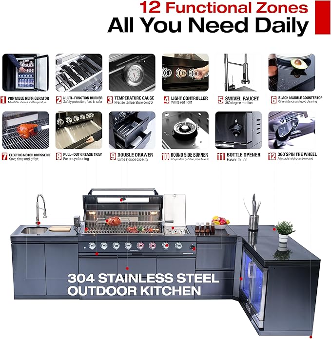 157-Inch 6-Burner 96000 BTU Propane Gas Outdoor Kitchen Island - Stainless Steel Grill with Wine Cooler, Rotisserie, Granite Countertops, Storage Cabinets & Drawers, Black