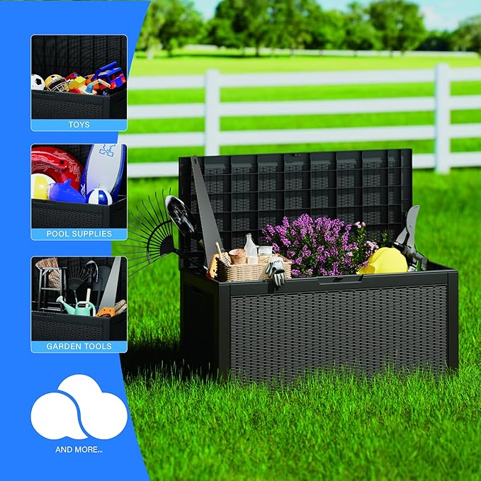 Mersco 100 Gallon Double-Wall Resin Deck Box - Lockable Waterproof Outdoor Storage Box, 1000lbs Capacity & Doubles as Seating for Patio Furniture - Garden Tools, Pool Accessories (Black)