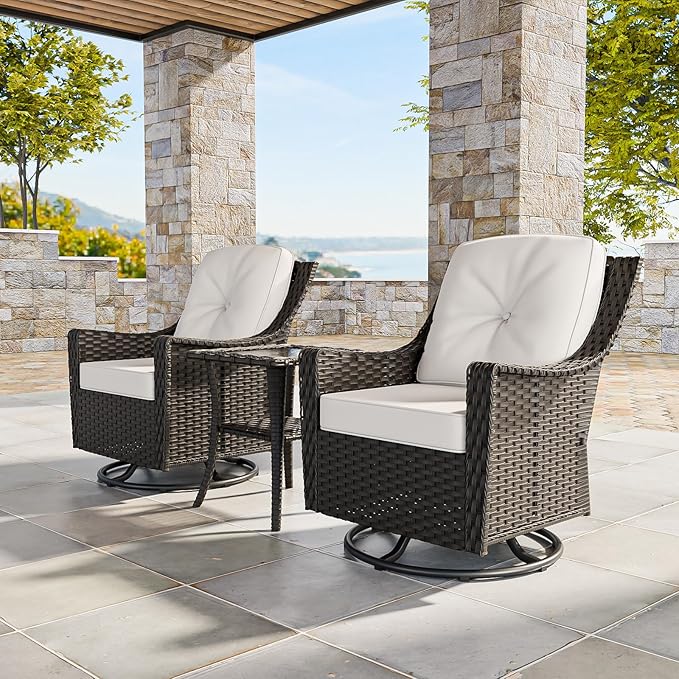 COOS BAY Stone Harbor Patio Bistro Set, 3 Piece Rattan Patio Table and Chairs Set, Wicker Swivel Rockers with Side Table, Small Balcony Furniture Set, Brown/Beige