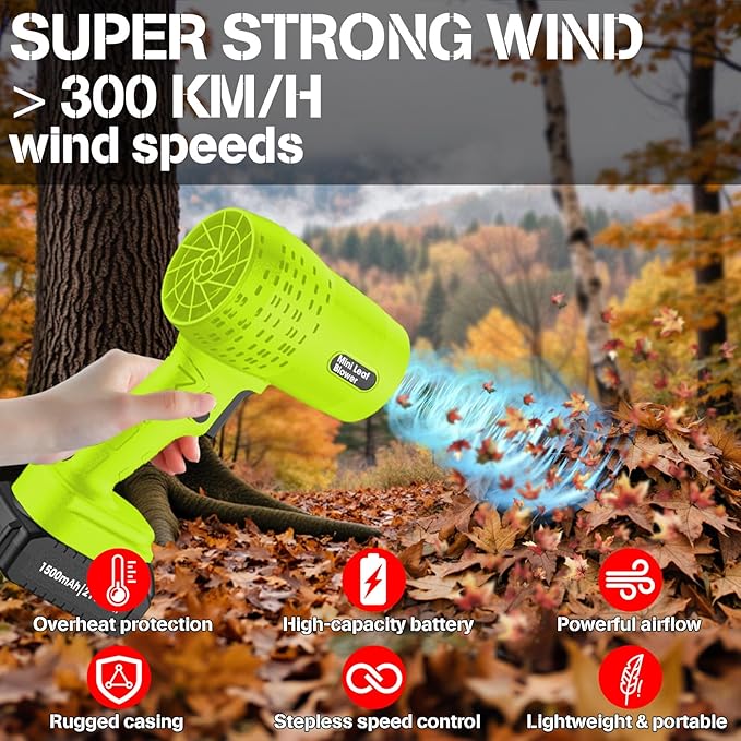Leaf Blower with 21V*2 Pcs Batteries, 950000RPM Powerful Fan, High Variable Speed 200 MPH, Handheld Air Blower, Perfect for Car Drying, Patio Cleaning, Lawn Caring, Leaves Blowing (Green)