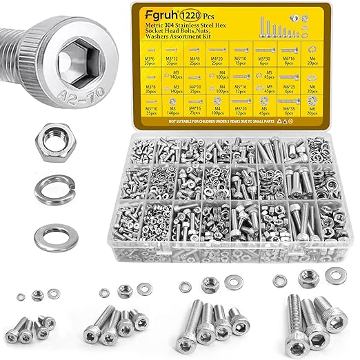 1220PCS M3 M4 M5 M6 Metric Screws Assortment Kit,Hex Socket Head Cap Bolts Nuts and Washers Assorted Kit,304 Stainless Steel Hardware Set for DIY, 3D Printer