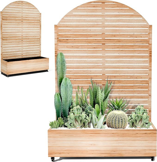 Metal Planter Box with Trellis for Climbing Plants, Privacy Planter with Trellis, Standing Planters Boxes with Privacy Screen, Drainage Holes (47" L, Arch White Wood Grain)