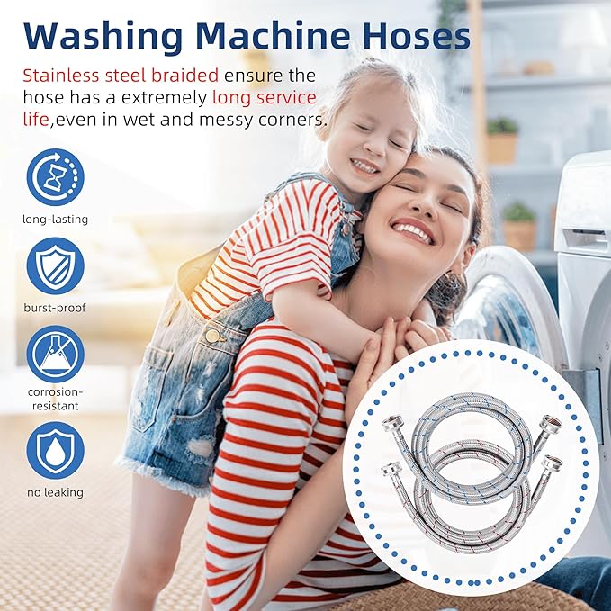 6FT Stainless Steel Washing Machine Hoses 3/4" NPT Connection Red and Blue Braid Water Supply Lines by Fetechmate Hot and Cold Premium Washer Hoses (2 Pack) - 10 YEAR WARRANTY
