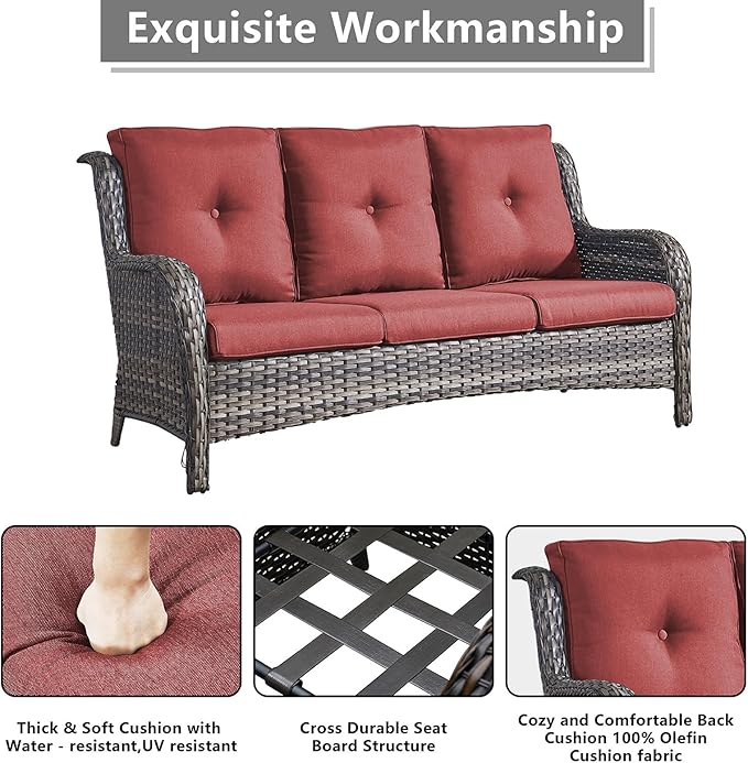 Rilyson Outdoor Patio Furniture Sofa Set - 7 PC Rattan Wicker Patio Sectional Conversation Sets with Sofa,Loveseat,Coffee Table,Armrest Chairs and Ottomans for Porch Deck Garden(Mixed Grey/Red)