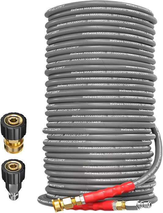 3/8'' Pressure Washer Hose 150 FT, Hot and Cold Water Power Washer Hose Max 248°F, 3/8 Quick Connect Commercial Industrial Grade Steel Wire Braided Kink Proof Extension Hose -4800 PSI