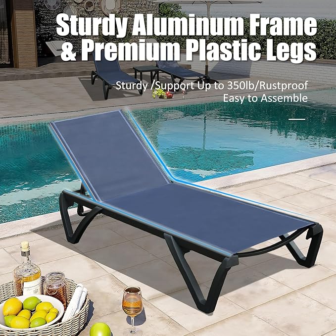 Domi Pool Lounge Chairs Set of 2, Aluminum Patio Chaise Lounge with Wheels, 5 Position Adjustable, All Weather Outdoor Lounge Chairs for Beach, Yard, Balcony, Poolside, Navy Blue