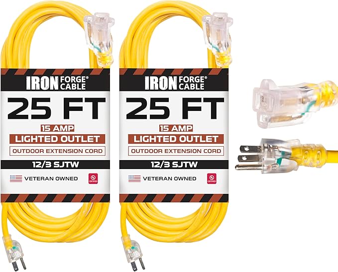 IRON FORGE CABLE 2 Pack of 25 Foot Outdoor Extension Cords - 12/3 SJTW Heavy Duty Lighted Yellow Extension Cable with 3 Prong Grounded Plug for Safety, 15 AMP - Great for Garden and Major Appliances