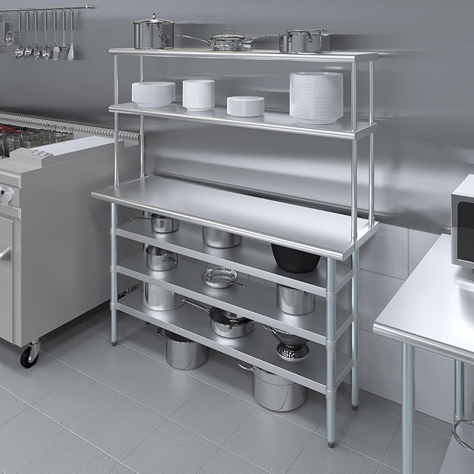 Amgood 18" x 60" Stainless Steel Work Table with 3 Shelves and 12" Wide Double Tier Overshelf | Metal Kitchen Prep Table & Shelving Combo | NSF