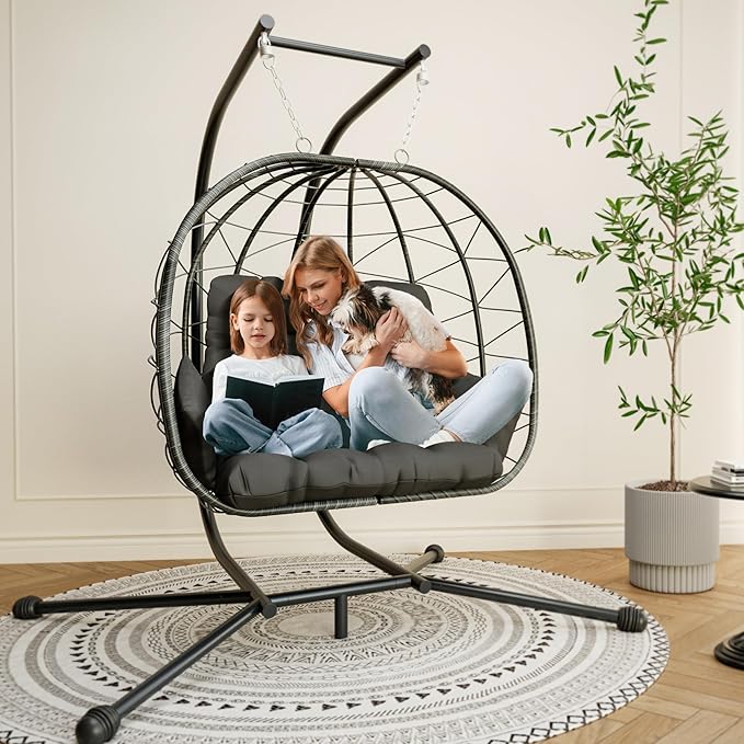 Pamapic Double Egg Chair wth Stand, 700 LBS Loveseat Rattan Swing Chair, UV Resistant Cushions with Armrests and Headrest, Thick Steel Frame Hammock Swing for Outdoor, Patio, Indoor(Grey)