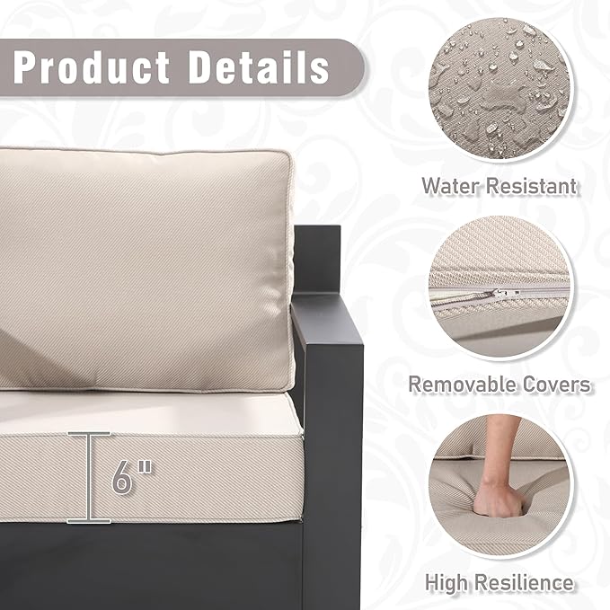 3 PCS Aluminum Patio Conversation Set - Outdoor 3-Seater Sofa, 2 Fixed Chair with 6" Thick Water-insistant Cushions, All-Weather Use Frame, Removable Cover, Ideal for Garden, Poolside (Beige)