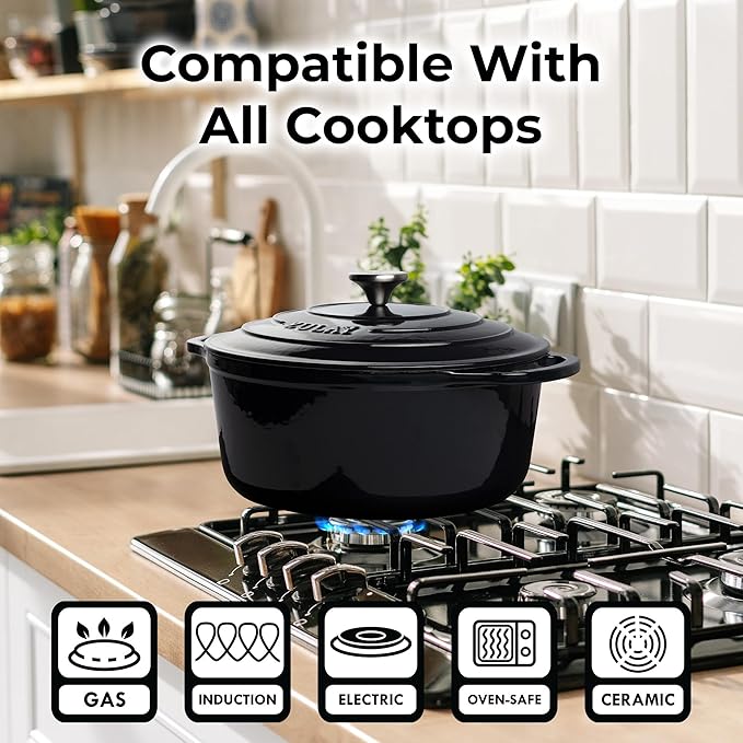 Zulay Kitchen 6 Quart Enameled Cast Iron Dutch Oven Pot with Lid – Premium Durability & Oven Safe up to 500°F – Heavy Duty Cookware Perfect for Bread Baking, Stews, Braising & Roasting – Black