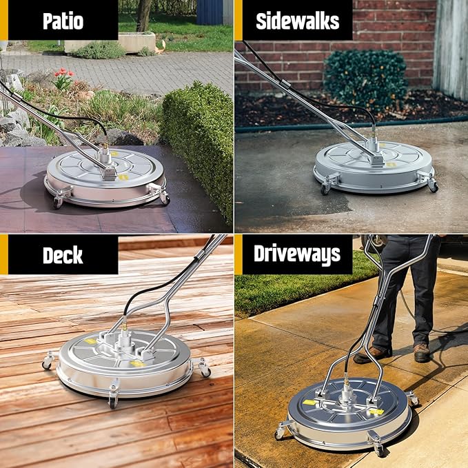 EVEAGE 24” Surface Cleaner Pressure Surface Washer Dual Handle, Stainless Steel Housing Power Washer Accessories with 2 Extension Wand & 4 Wheels and 2 Replacement Nozzles,4000 PSI