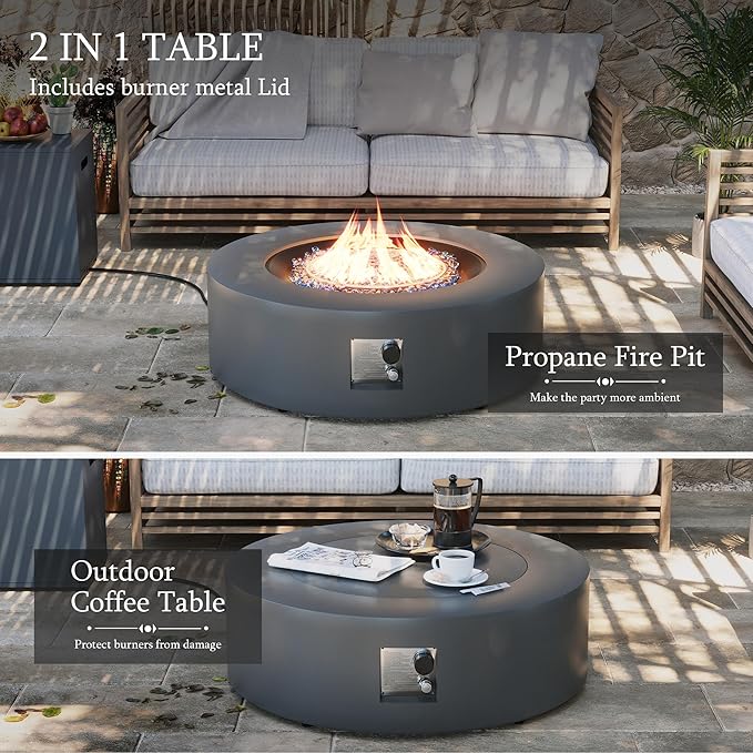 UPHA 42-inch Outdoor Propane Gas Fire Pit Table 50000 BTU Iron Round Firepit for Outside Patio with Tank Hidden Table, Removable Lid, Blue Glass Rocks, Rain Cover, Grey