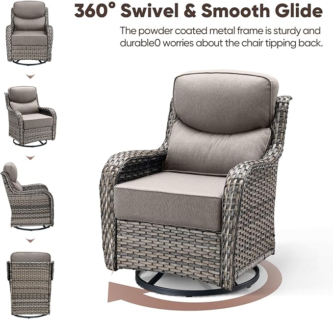 Swivel Patio Chairs Sofa Set of 4 with 6" Thick Cushion - Wicker Outdoor Swivel Rocker Patio Chair with Side Table, High Back Comfortable Outdoor Glider Chairs Grey Wicker Grey Cushions