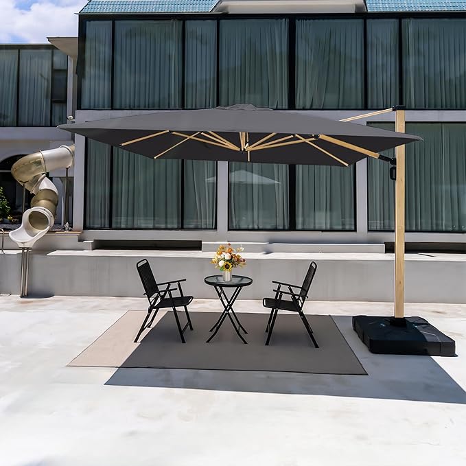 PURPLE LEAF 11FT Patio Umbrella Square Cantilever Umbrella Teak Finished Aluminum Frame Large Windproof Offset Outdoor Sun Umbrellas for Beach Pool Deck, Grey