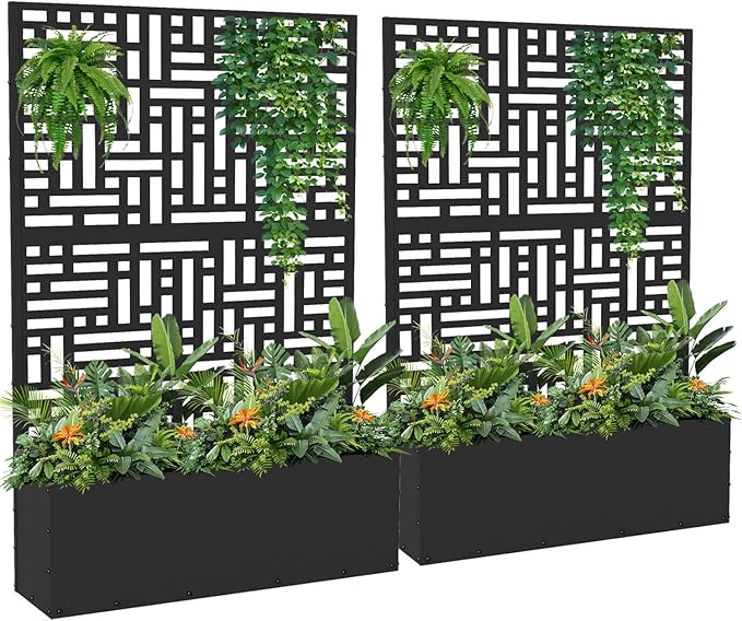 2PCS Metal Planter Box with Trellis,70.9"x47.2"x15.7" Raised Garden Bed with Drainage Holes, Privacy Planters for Outdoor, Garden Bed for Climbing Plants,Vegetables,and Vines, Black-Modular