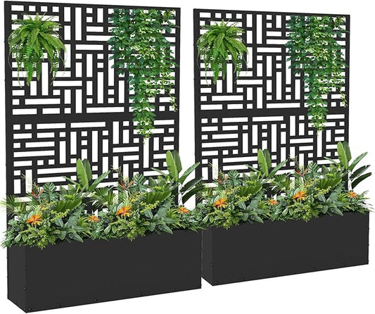 2PCS Metal Planter Box with Trellis,70.9"x47.2"x15.7" Raised Garden Bed with Drainage Holes, Privacy Planters for Outdoor, Garden Bed for Climbing Plants,Vegetables,and Vines, Black-Modular