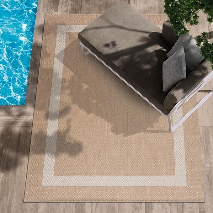 CAMILSON Outdoor Rug 5x7, Modern Outside Rugs for Patios Porches Waterproof Durable Washable Non-Shedding, Easy-to-Clean Indoor Outdoor Area Carpet (5 x 7, Bordered - Beige/White)