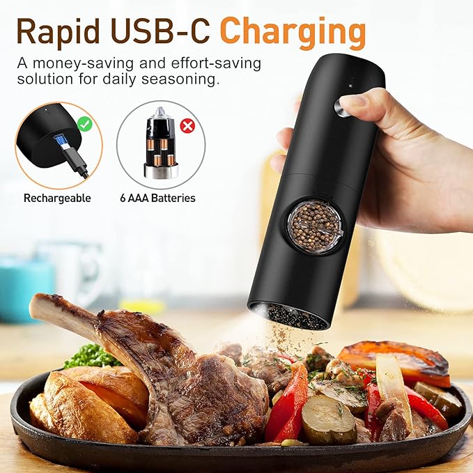 Electric Salt and Pepper Grinder Set-Rechargeable Automatic Pepper Mill Grinder with LED Christmas Gifts for Women, USB Adjustable Coarseness shakers, One-Hand Operation for Kitchen Appliances