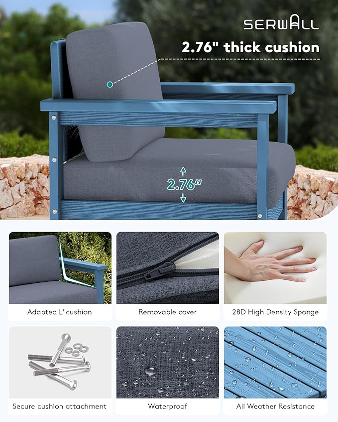 SERWALL 6 Pieces HDPE Outdoor Conversation Sofa Set with Cushions, All Weather Couch Loveseat Furniture with Coffee Table and Cushion, Outdoor Social Sofa Set, Blue Frame with Grey Cushions