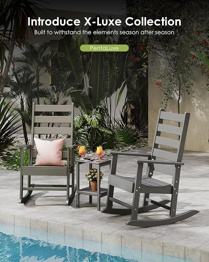 GREENVINES Outdoor-Rocking-Chairs-Set-of-4 | HDPE Plastic | Patio Rockers | Porch Rocker Chair | Shaker | Oversized | High Ladder Back | Big & Tall | PentaLuxe | Grey