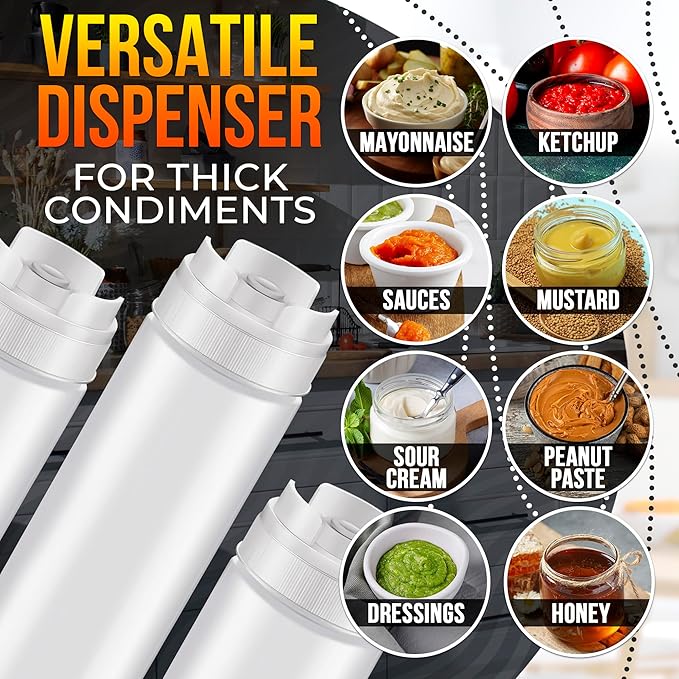Set of 6 Condiment Squeeze Bottles for Sauces 16 oz – Easy-to-Fill Clear Bottles with Self-Closing Valve | Ready for Dressings, Ketchup, Mustard, Honey Jars & More, Durable, Reusable, Mess-Free Design