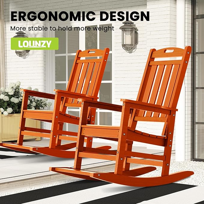 LOUNZY Outdoor Rocking Chair with Footboards Set of 8, HDPE Rocking Chair Patio Porch Rocker with 380lbs Support for Adult, Orange
