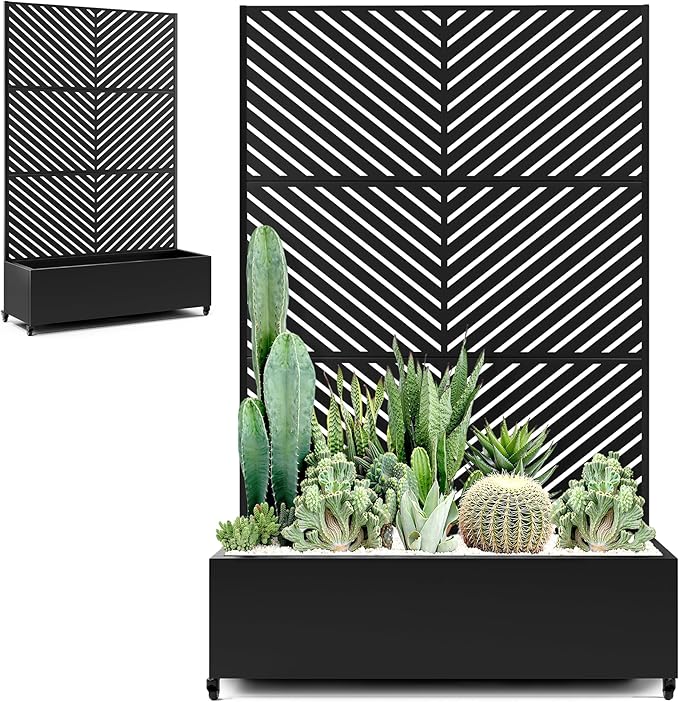 Large Metal Raised Garden Beds with Privacy Screen, Standing Planter Box with Trellis & Wheels for Outdoor Climbing Plants, Garden Boxes with Drainage Holes for Patio (47"L, Black Parallel)