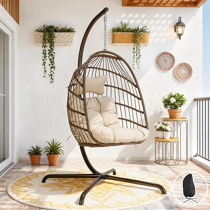 BLUEXYARD Foldable Rattan Egg Chair with Stand and Cover, 350 Lbs Outdoor All-Weather Wicker Hanging Hammock with Cushion, Dome-Shaped Swing Eggshell Basket for Patio Balcony Garden Bedroom, Brown Tan