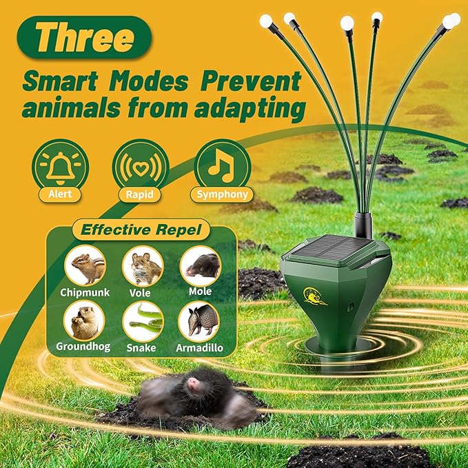 8 Pack Mole Repellent for Lawns Solar Powered Groundhog Spikes, Ultrasonic Mole Stakes for Yard, Waterproof Gopher Repellent to Get Rid of Chipmunk, Vole and Snake for Garden