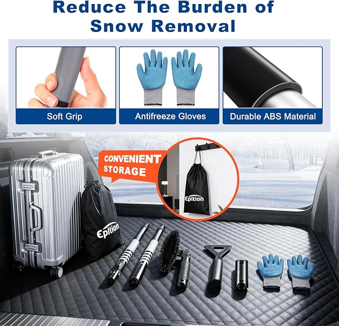 72" Extendable Long Snow Brush with Ice Scraper for Car Truck SUV Van - Soft Squeegee with 270° Pivoting Brush Head for Windshield Window - Snow Scraper & Antifreeze Gloves for Car Winter Accessories