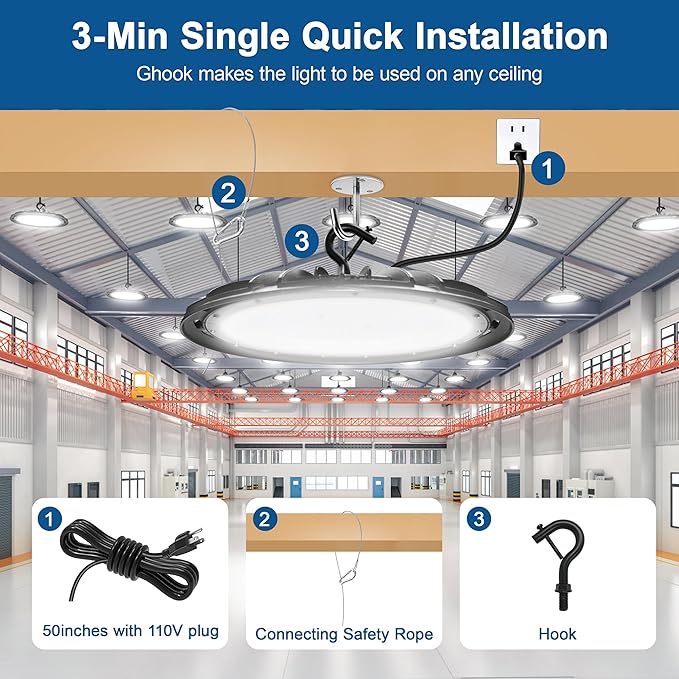 Super Bright High Bay LED Shop Lights - 150W 5000K Daylight, 21000LM 120VAC with 5ft Cord & US Plug. Standard US Hook, IP65 Waterproof led high Bay UFO Lights (1Pack)
