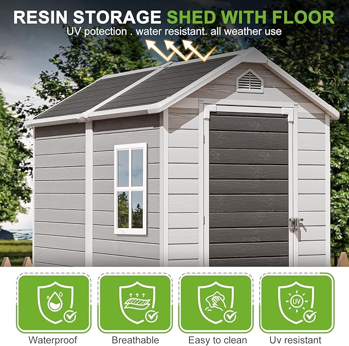 6X4 FT Resin Outdoor Storage Shed with Floor,Water Drainge Roof Plastic Sheds with Windows and Lockable Doors,Thickened Panel All-Weather Resistant Tool Storage Shed for Garden Backyard Patio, Grey
