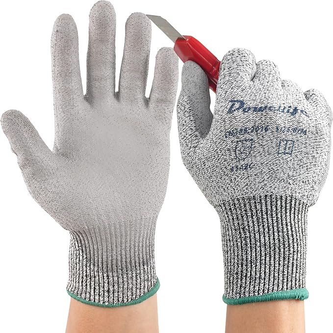 Dowellife Level 5 Cut Resistant Work Gloves for Men and Women, PU Coated Breathable Gardening Gloves, Thin Flexible and Firm Grip for Mechanics and Fishing (Medium, Grey)