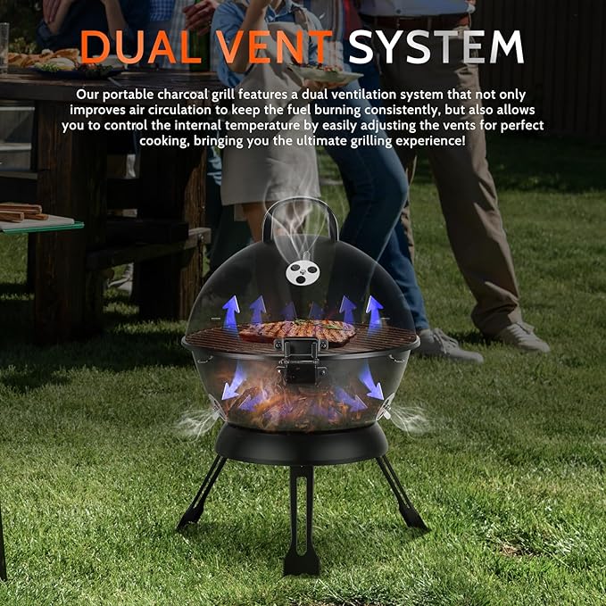 14-Inch Portable Barbecue Grill,Outdoor Small Grill with Dual Venting System and Warming Rack for Picnic, Camping, Backyard,Black
