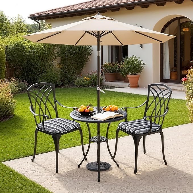 3 Piece Patio Bistro Set, Cast Aluminum Dining Table Set, All Weather Outdoor Round Metal Table with Umbrella Hole and Chairs Set of 2 with Cushion for Outside Garden, Black