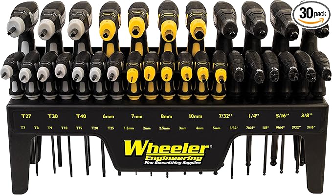 Wheeler 30 Piece SAE/Metric Hex and Torx P-Handle Set for Pistol Rifle Handgun Gunsmithing Rebuild and Maintenance, Black, Yellow, Gray