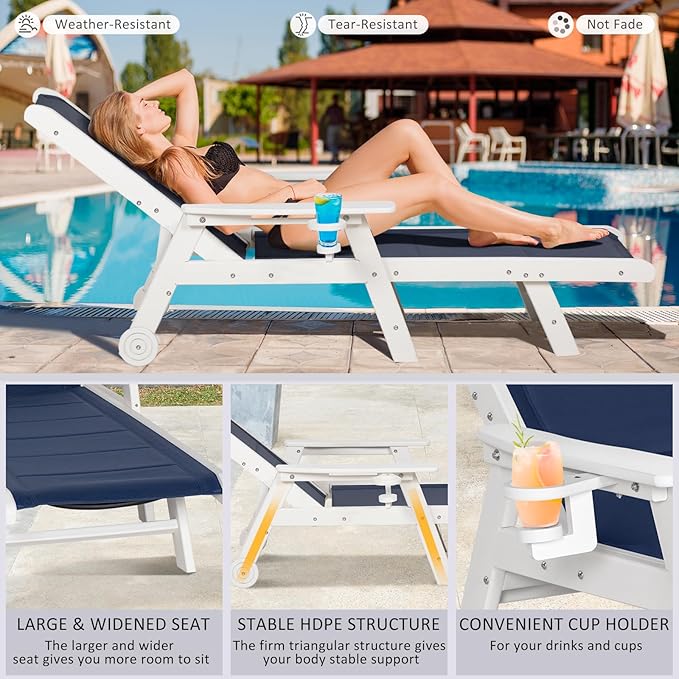 Outdoor Chaise Lounge Chair with Table, 5-Position Adjustable Patio Lounge Chair with Wheels & Cup Holder, HDPE Pool Lounge Chair for Outside, Poolside & Beach (Dark Blue+White)