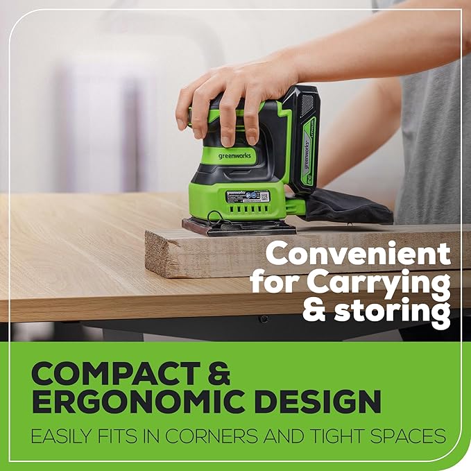 Greenworks 24V Cordless Palm Sander, 1/4 Sheet Sander with Dust Bag, Compact and Lightweight, 11000 OPM, with 2Ah Battery and Charger