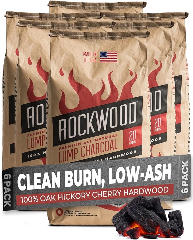 Rockwood Natural Lump Charcoal – Oak, Hickory & Cherry Hardwood Blend for Barbecue Smoking, High-Heat Grilling, & Outdoor Cooking – Clean Burning, Ideal for Kettle & Kamado Grills – 20lbs (6 Packs)