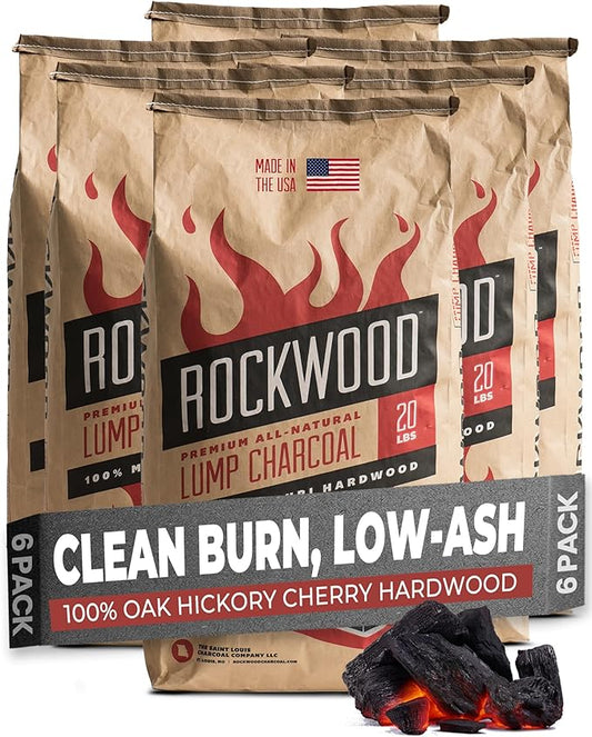 Rockwood Natural Lump Charcoal – Oak, Hickory & Cherry Hardwood Blend for Barbecue Smoking, High-Heat Grilling, & Outdoor Cooking – Clean Burning, Ideal for Kettle & Kamado Grills – 20lbs (6 Packs)