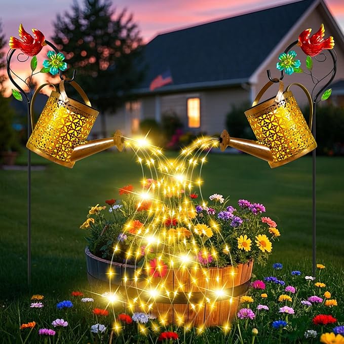 Mothers Day Gifts Solar Lights Outdoor, Watering Can with Cascading Lights, Watering Can with Hook Solar Lantern, Gardening Decor for Yard Patio, Gardening Gifts for Mom Grandma Women (2 Pack)