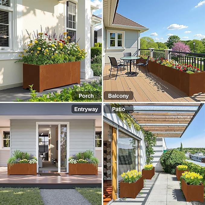 Co-rten Metal Garden Planter Box, Large Outdoor Rectangle Planters with 6 Drainage Holes & Raised Bottom, All-Weather Rust-Resistant Container for Patio, Deck, Commercial Use, 36"L x 15"W x 15"H