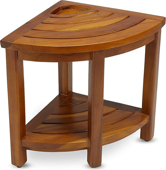 TeakCraft Teak Corner Bench with Shelf and Basket, Fully Assembled, 16 Inch, The Loki