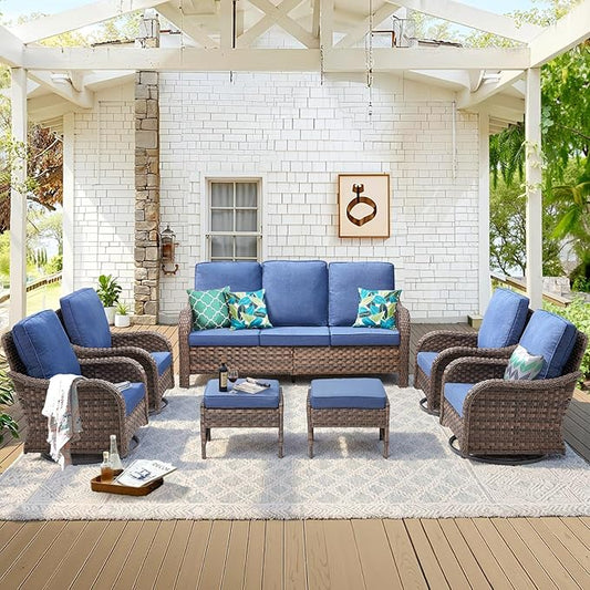 Wicker Patio Furniture Set-7 Pieces All-Weather Wicker Outdoor Furniture with High Back Outdoor Swivel Rocking Chairs Patio Conversation Sets for Garden Porch Deck Brown/Blue