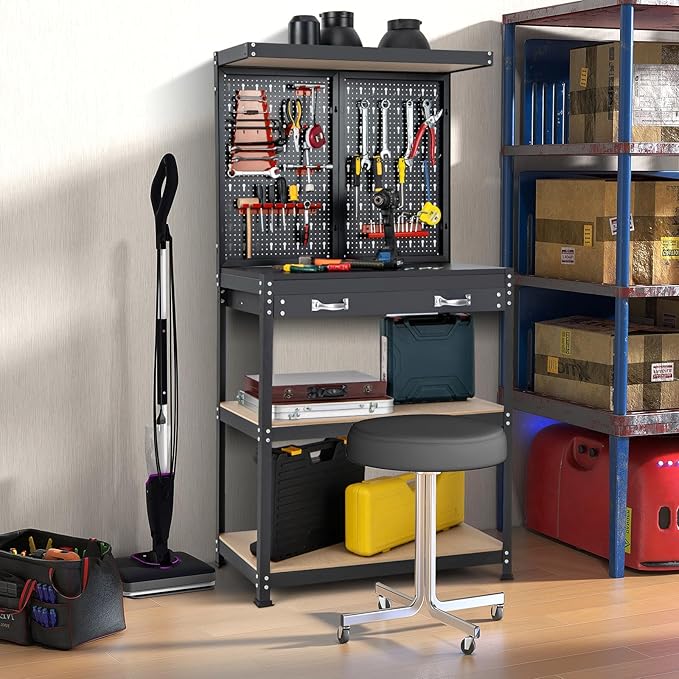 Goplus Workbench, Work Table with Drawer, Pegboard, Hanging Accessories, Topping Space, 4-Tier Heavy Duty Metal Tool Storage Bench, Work Benches for Garage, Workshop (Red, 32" x 16" with Drawer)